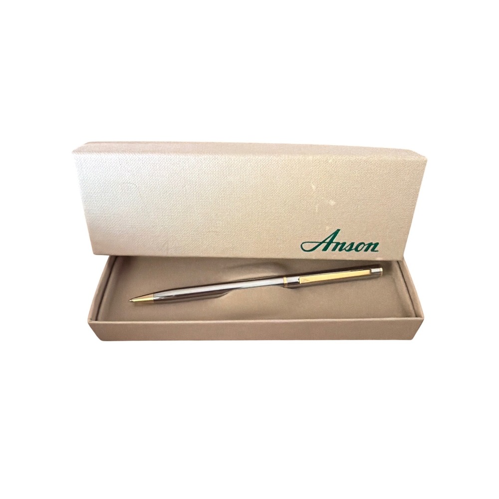 Anson Ballpoint Pen Silver Gold Two Tone Steel Vintage Writing‎ Tool Box Logo